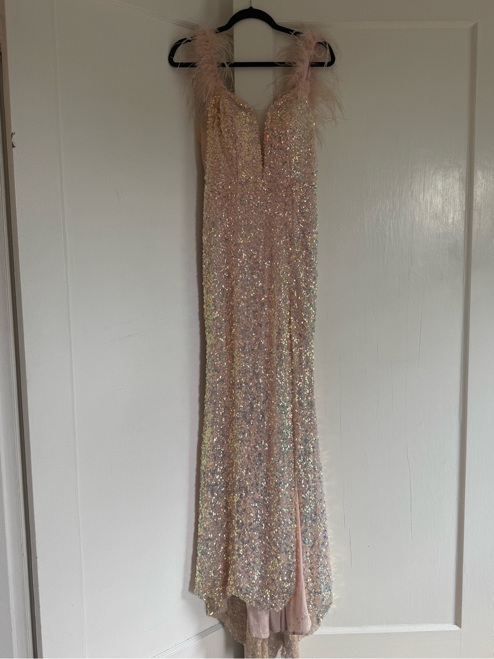 Cinderella Divine Iridescent Sequin & Feather Party Dress in Blush Pink